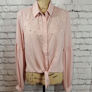 Blashe Pink Pearl-Embellished Button Down Blouse Size L EUC